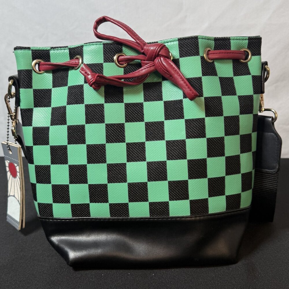 Demon Slayer Tanjiro Inspired Green Black Checkered Bucket Crossbody Bag Anime